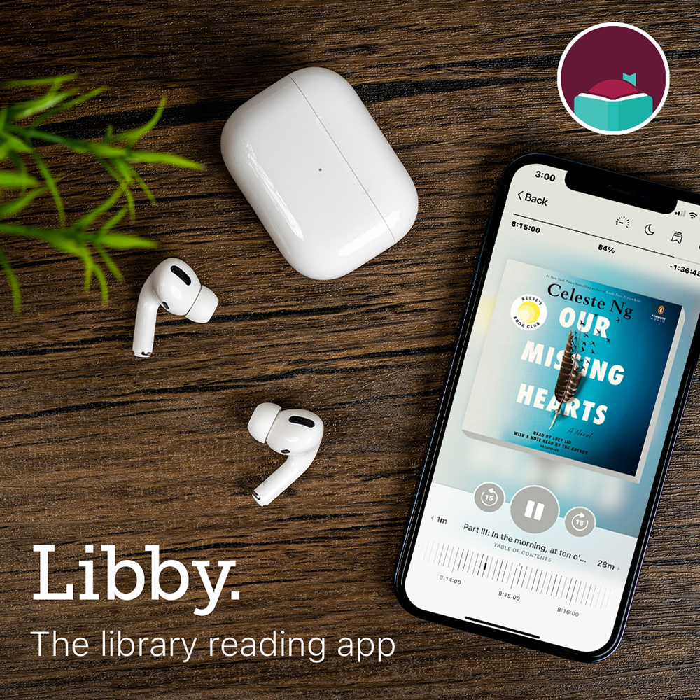 image showing earphones and smartphone with an audiobook playing on Libby
