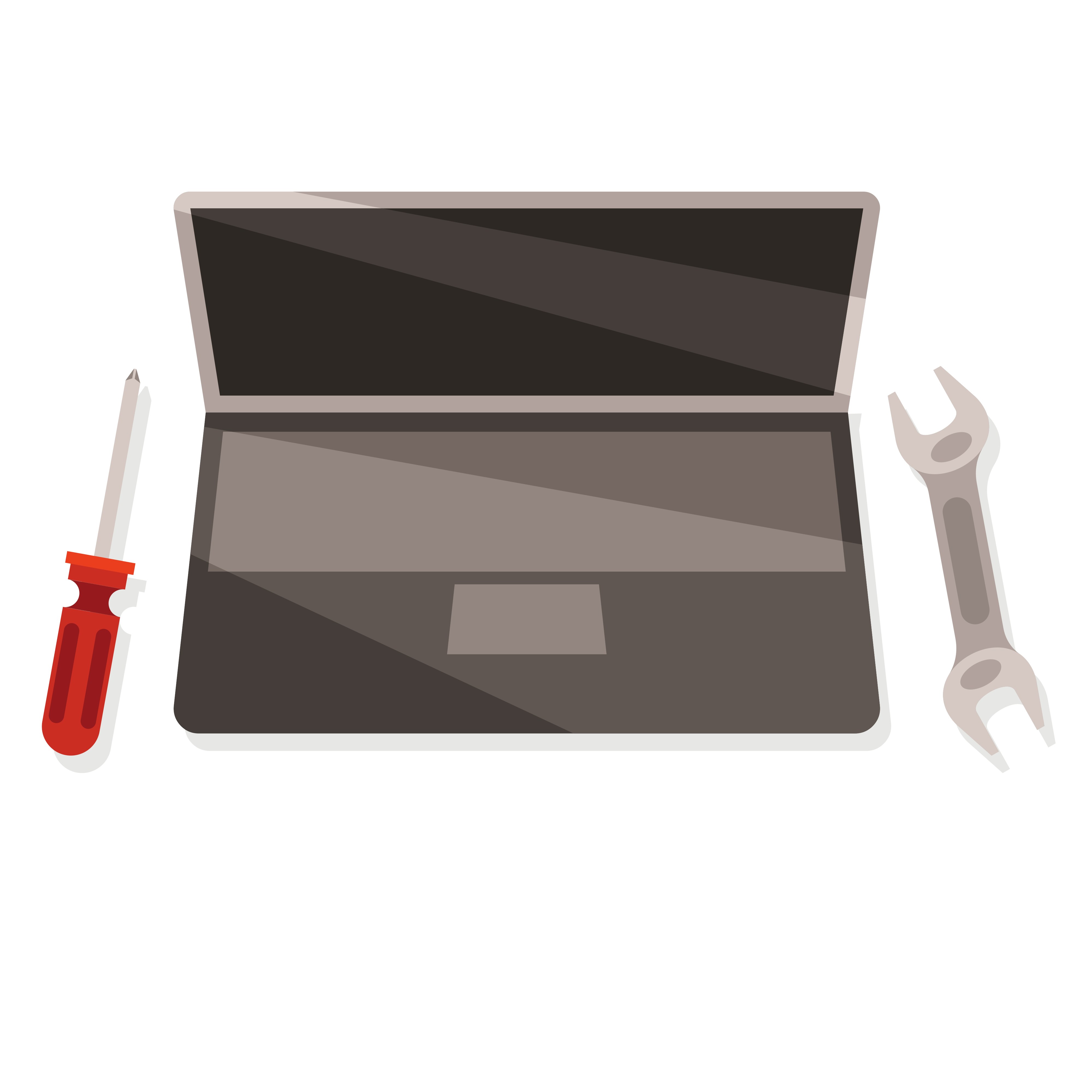 illustration of a laptop with a red-handled screwdriver to its left and a wrench to it's right, on a white background